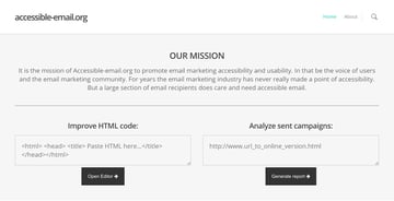 accessible-email.org email accessibility evaluation tool, showing option to test using HTML or URL.