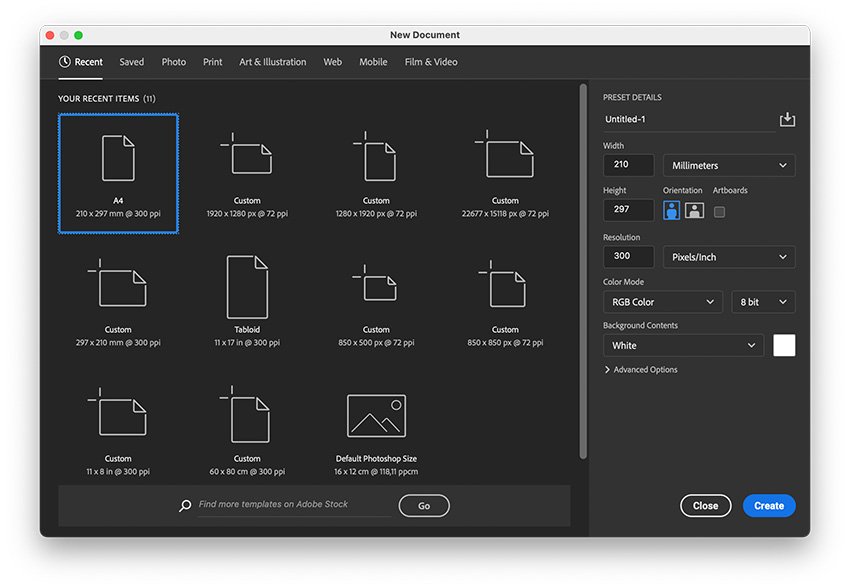 Create a new document and select the A4 size