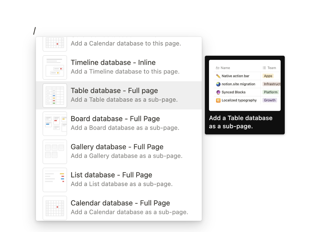 Context menu in Notion with hovered Table database — Full page