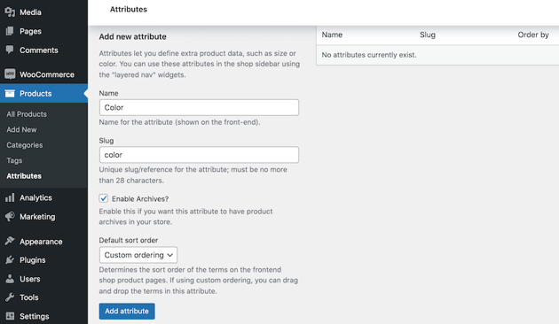 Creating a new WooCommerce product attribute.