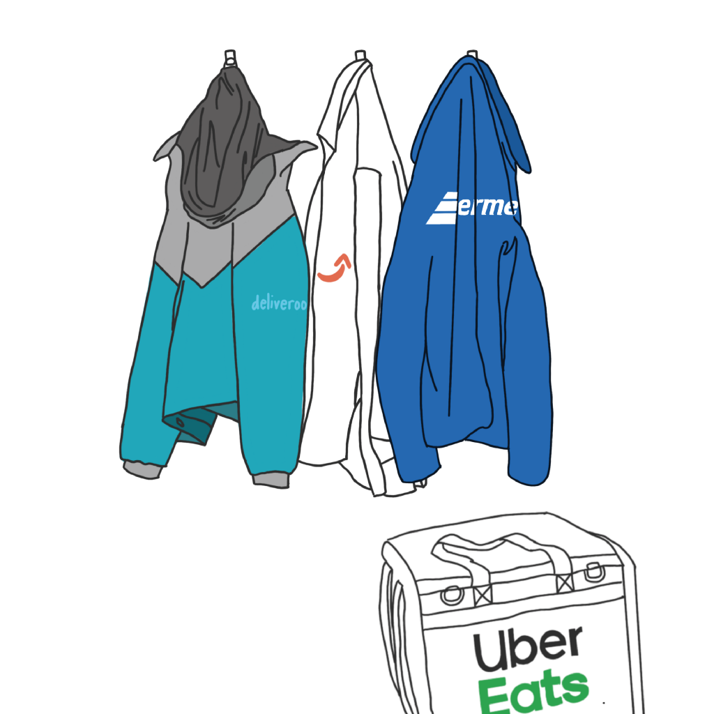 Illustration with multiple delivery company’s outfits one next to another, to show people need to cummulate multiple jobs to make ends meet