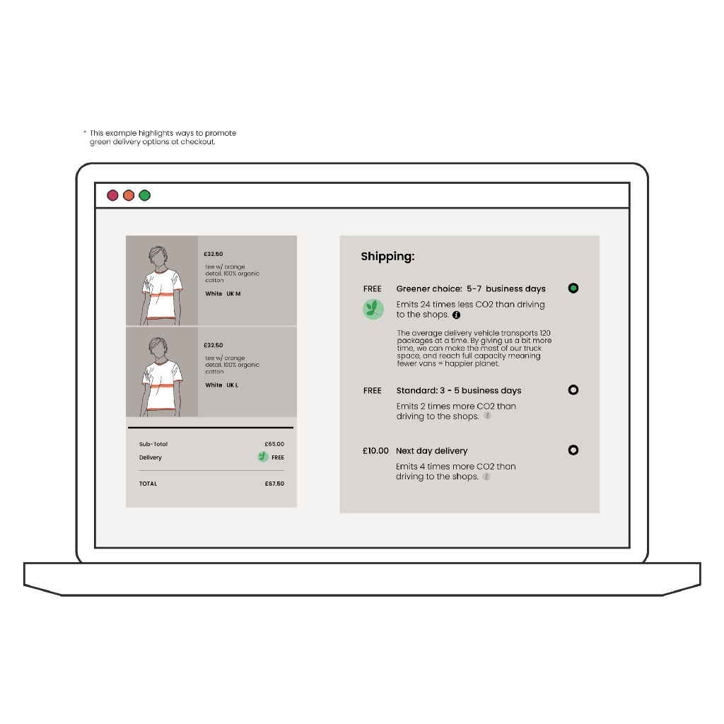 Mock up of an e-commerce check out page, which communicates the impact of different delivery options  on the planet.