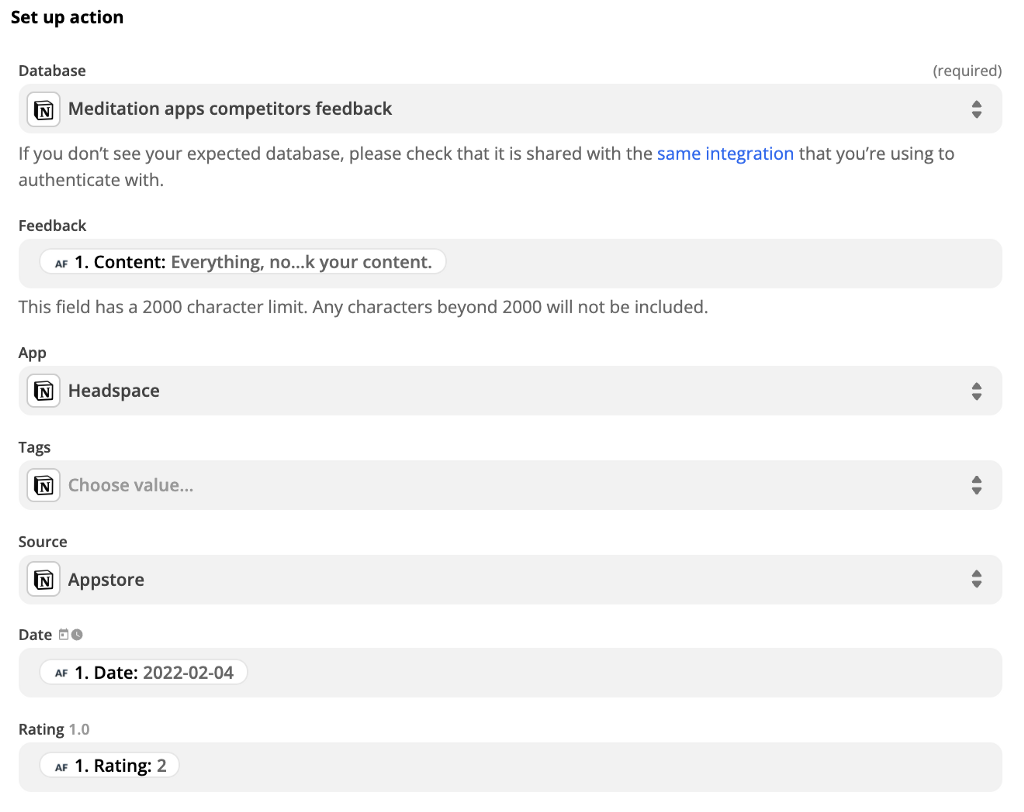 Set up action fields in Zapier description: Database — Your database, Feedback — Content, App — Select competitor, Tags — empty, Source — Appstore, Date — Date, Rating — Rating.