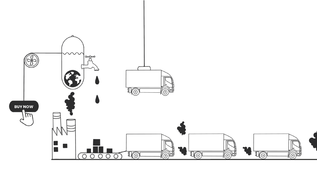 Illustration representing the delivery logistic through the allegory of a Rube Goldberg Machine to highlight its complexity for little purpose