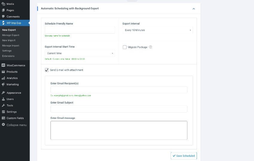 Using WP Import Export to schedule background export