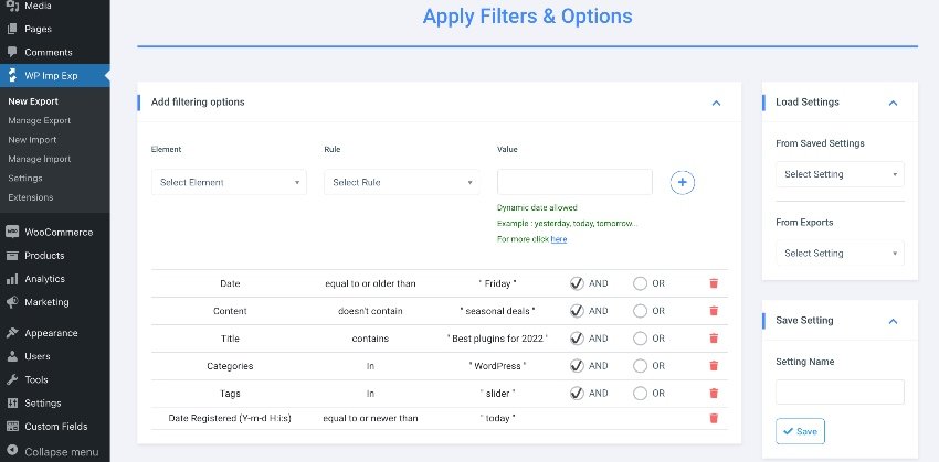 Selecting filters for export using WP Import Export