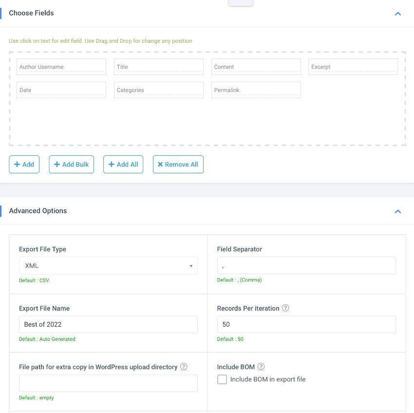 choosing export fields and file types for export using WP Import Export 