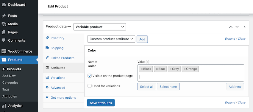 How to add multiple variables to a WooCommerce product.