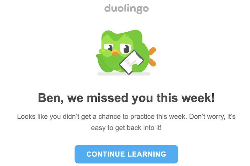 Weekly progress email with zero progress. Duo the owl is shown looking annoyed.