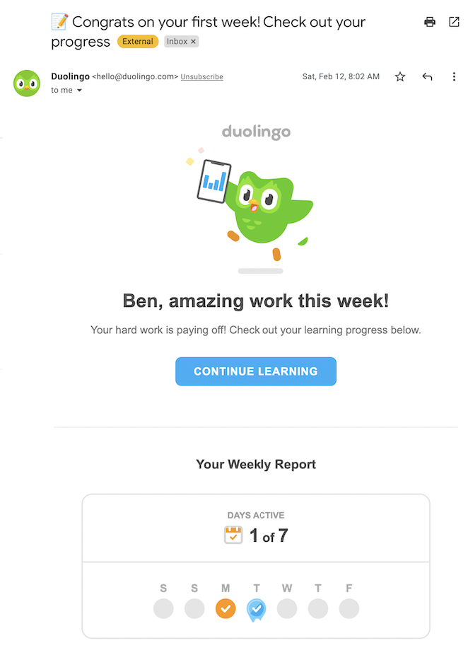 An email with statistics on my first week’s progress with Duolingo including total learning time.
