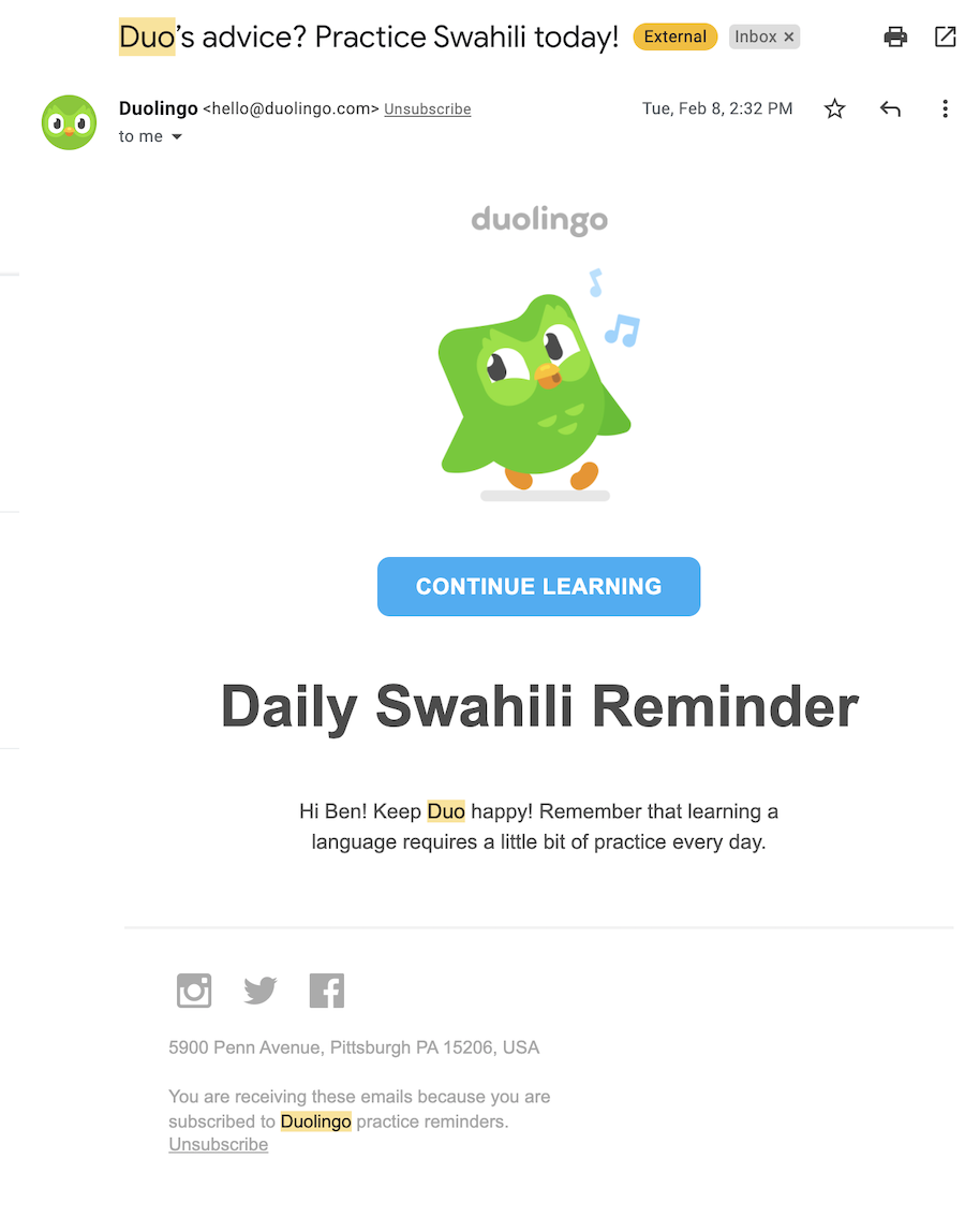 An email reminding me to learn Swahili with an illustration of the Duolingo green owl mascot whistling and the subtitle saying I need to learn to keep it happy.