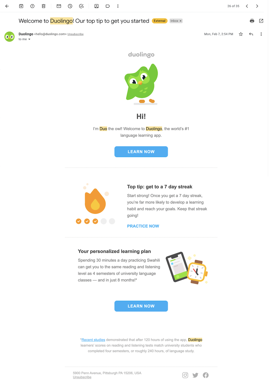 My welcome email from Duolingo, with tips to learn regularly and an invitation to set up a personalised learning plan.