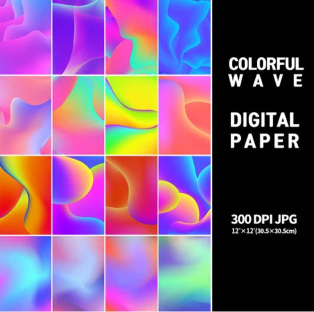 Coloful Digital wave Paper, Watercolor Paint Texture, Bright Colorful Rainbow