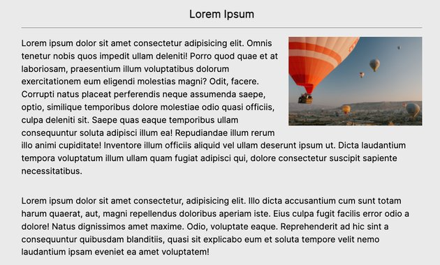 A webpage with a header banner image and test saying "Responsive Container. Create content for larger screens". Text in the article is repeated lorem ipsum