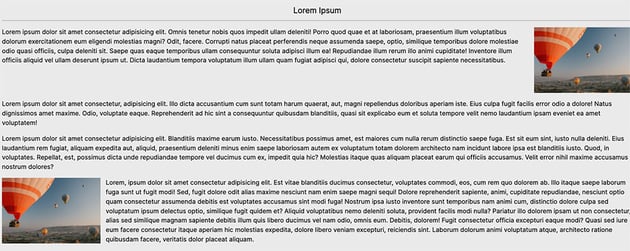 A webpage with a header banner image and test saying "Responsive Container. Create content for larger screens". Text in the article is repeated lorem ipsum