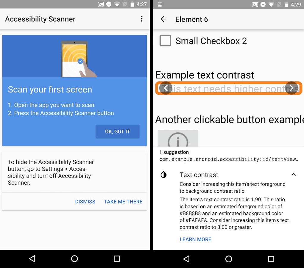 Interface of Google's accessibility checker, highlights area in app that has failing contrasts.