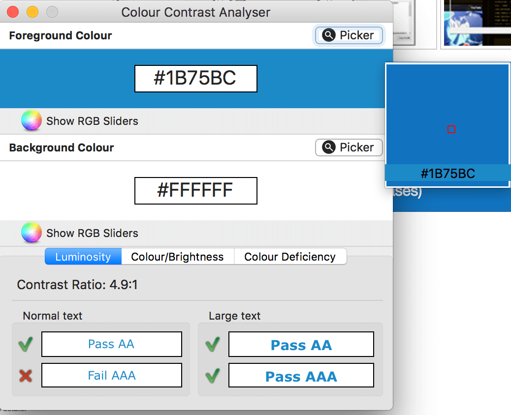 Interface of Colour Contrast Analyser, showing a blue, white combo that passes everything except AAA-level