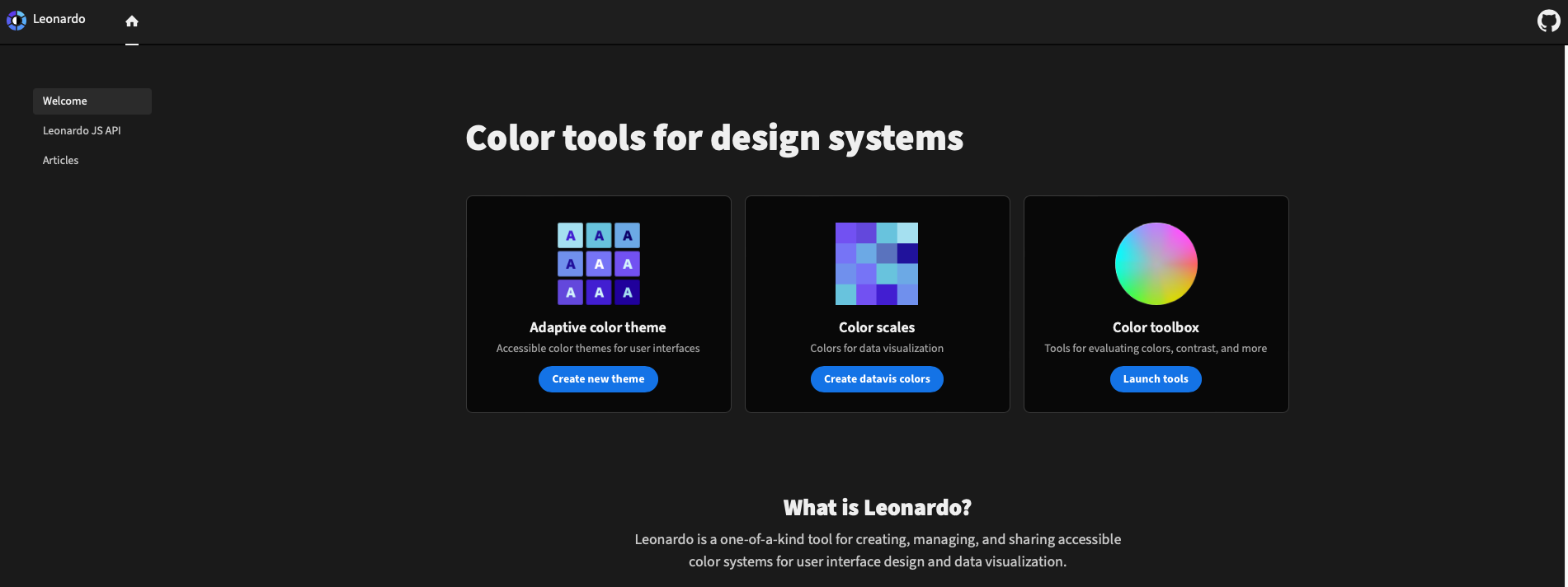 Screenshot of startpage of leonardocolor.io.