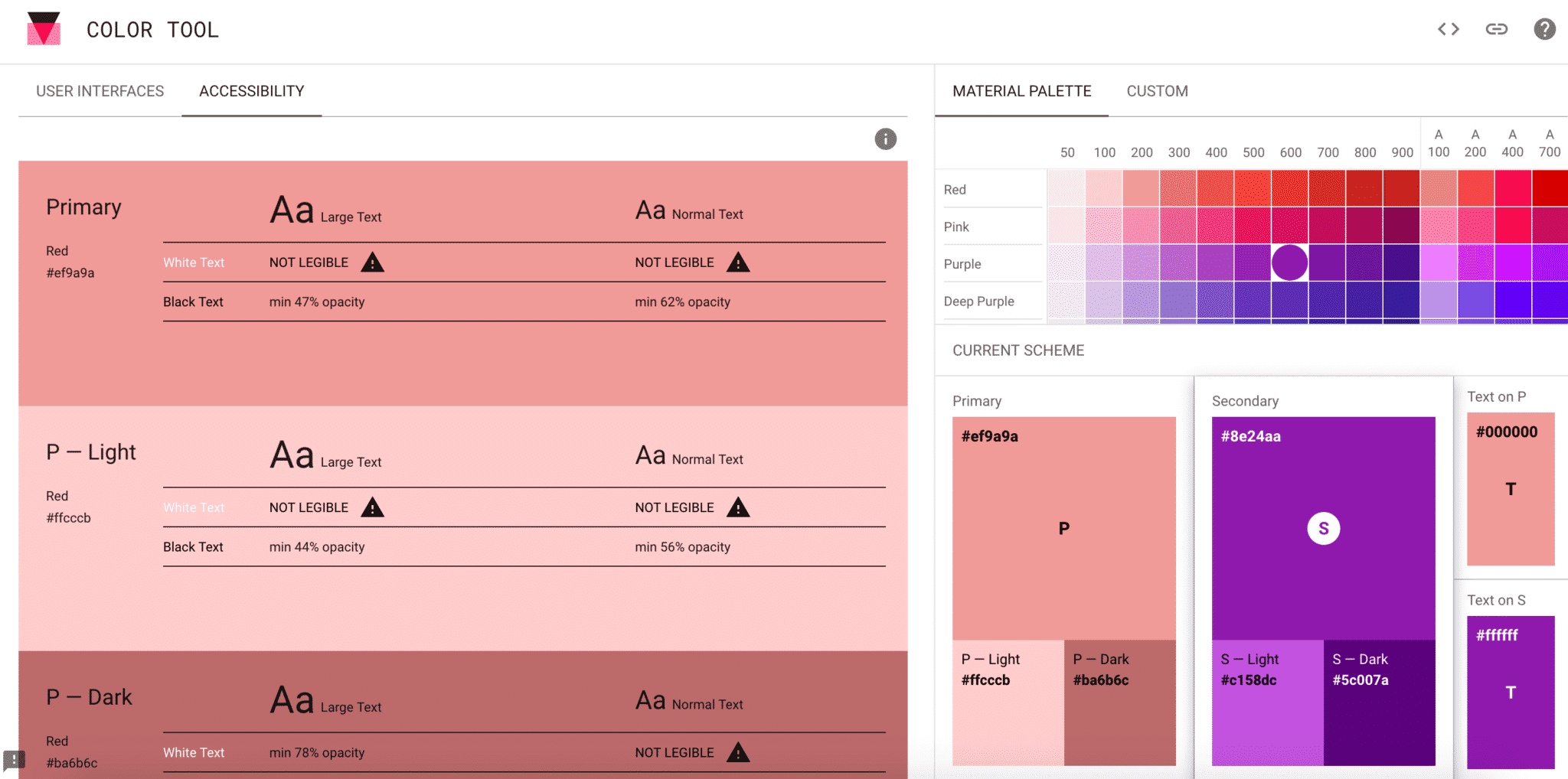 Interface of Color Tool, shows red and black combo and accepted levels of opacity for the black text.