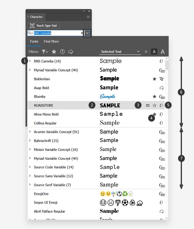 character panel fonts