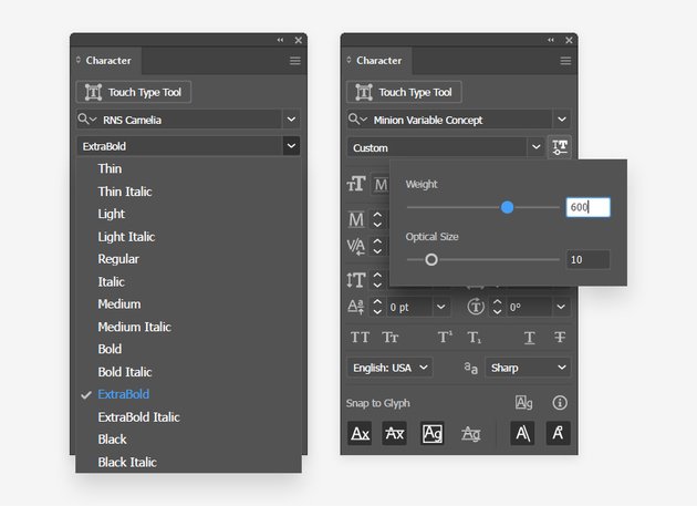 character panel variable font