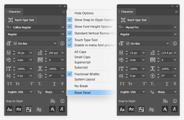 reset panel character illustrator