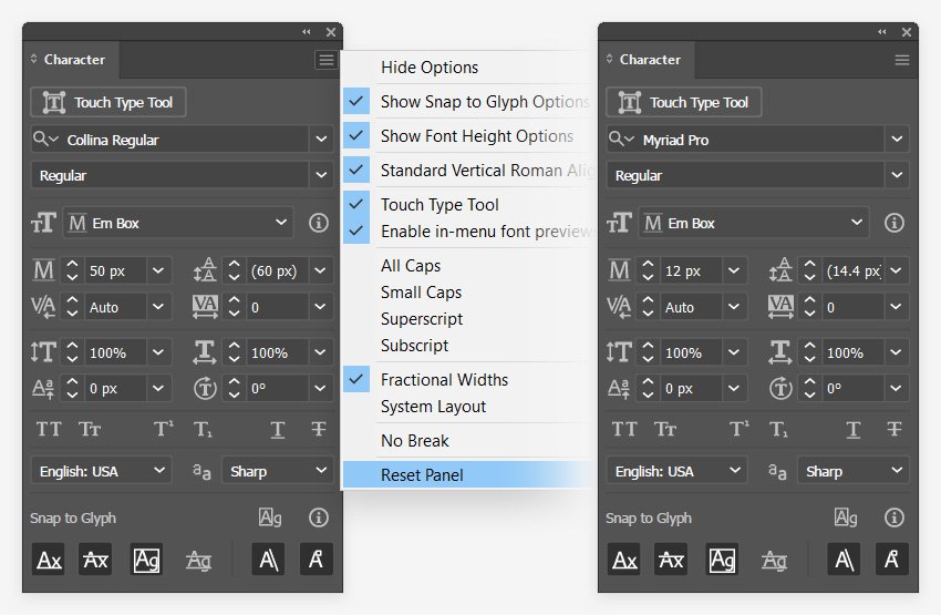 reset panel character illustrator