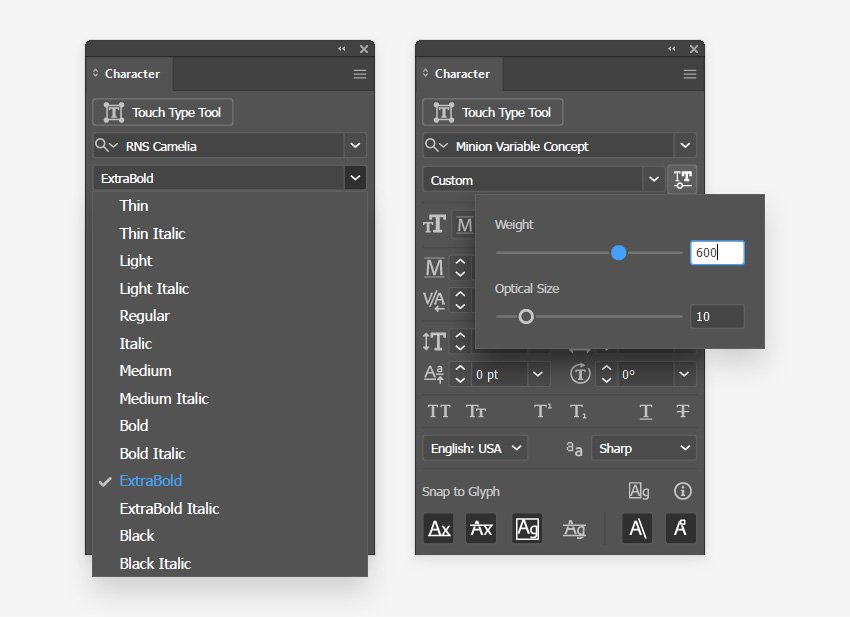 character panel variable font