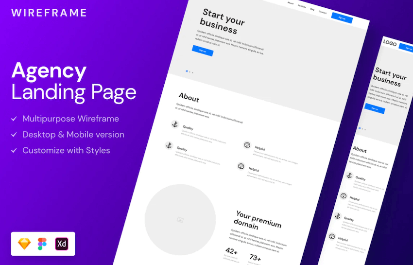 Agency Wireframe Landing Page - UI Kit for Adobe XD