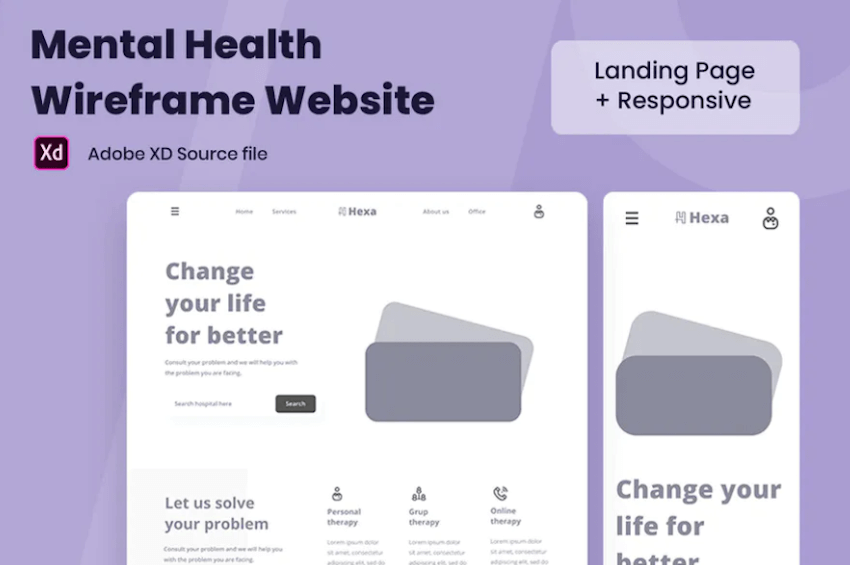 Mental Health Wireframe Website - Adobe XD Wireframe UI Kit