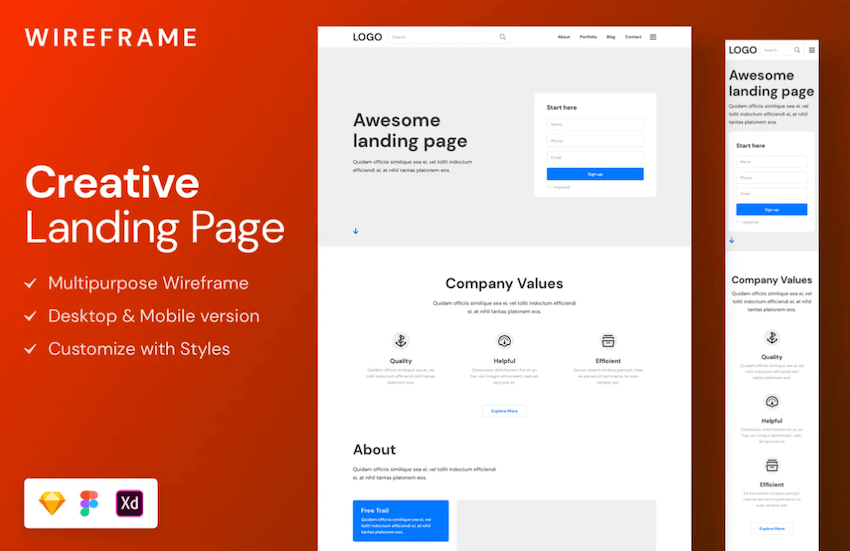 Creative Wireframe Landing Page - Adobe XD UI Kit Template