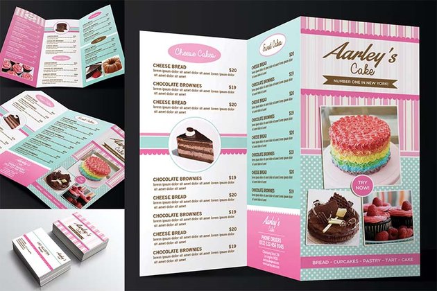 Trifold Cake Menu with Business Card (PSD)