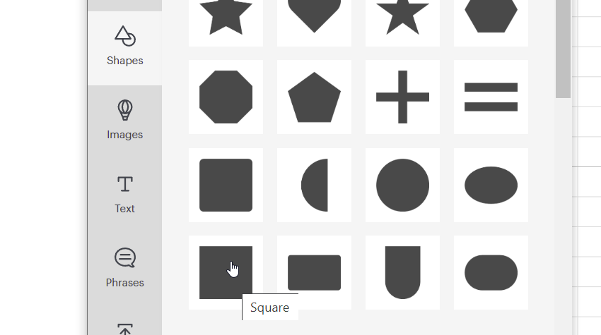 Add a Square to the canvas by clicking on Shapes and Square