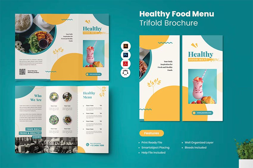 Healthy Food Menu Trifold Brochure (AI, EPS, PDF, PSD)