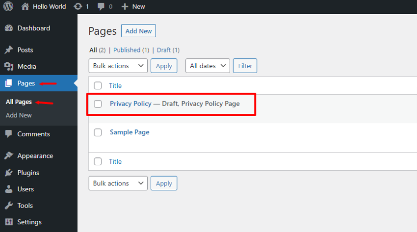 Accessing pages in the WP admin dashboard