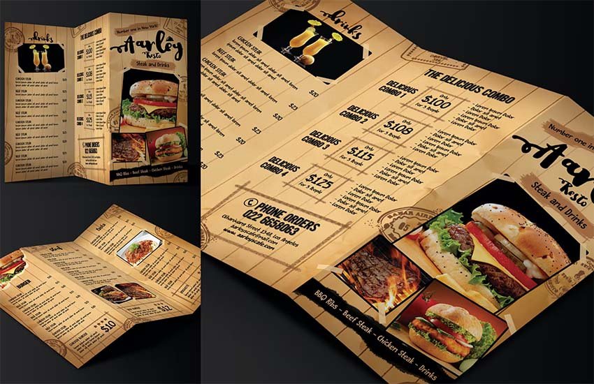 Tri-Fold Brochure Restaurant Cafe Menu PSD Template (PSD)