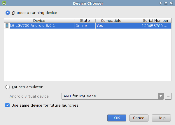 your device in the list of running devices.