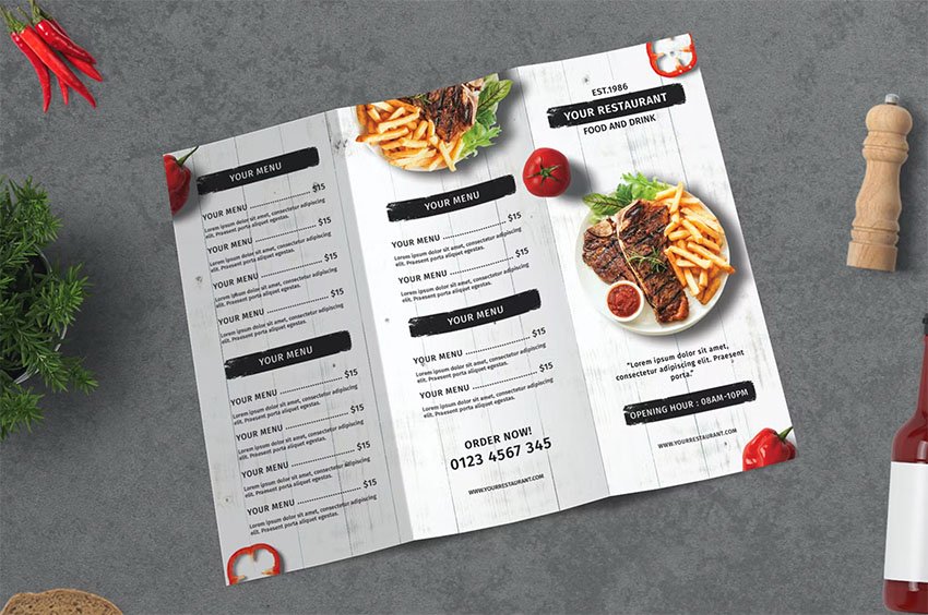 This trifold restaurant menu is an excellent option for any type of restaurant thanks to its clean design!