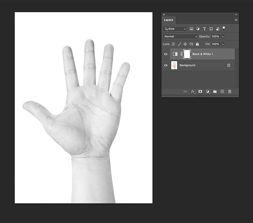 Open the hand image in Photoshop and add a Black and White adjustment layer