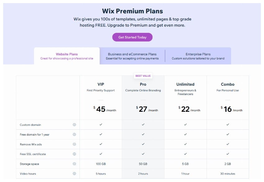 Wix Pricing Table