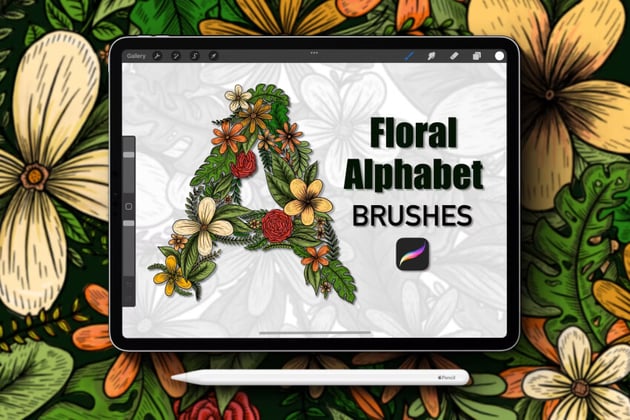 Floral Alphabet Procreate Lettering Stamp Brushes