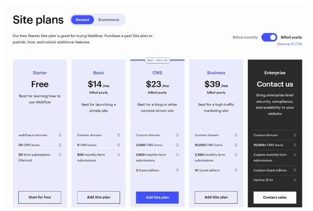 Webflow Pricing Table