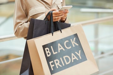 Woman in a mall on her phone while holding shopping bags, one of which says Black Friday.