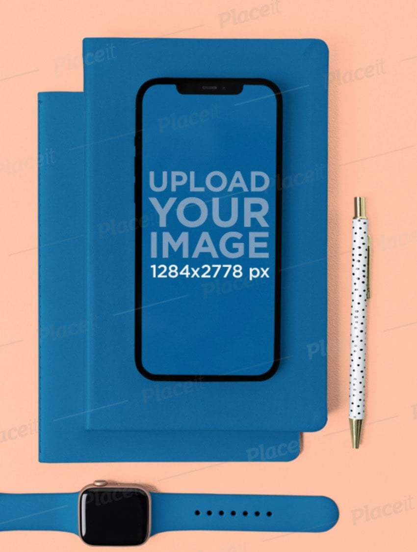 iPhone 12 Pro Max Mockup Featuring a SmartWatch and Colorful Planners