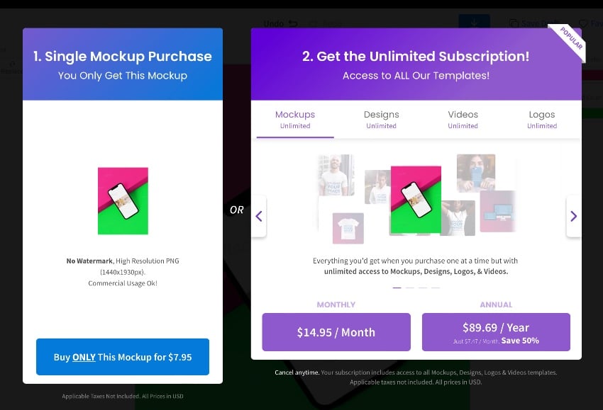 Download mockup either subscribe for a montly plan or buy one time download