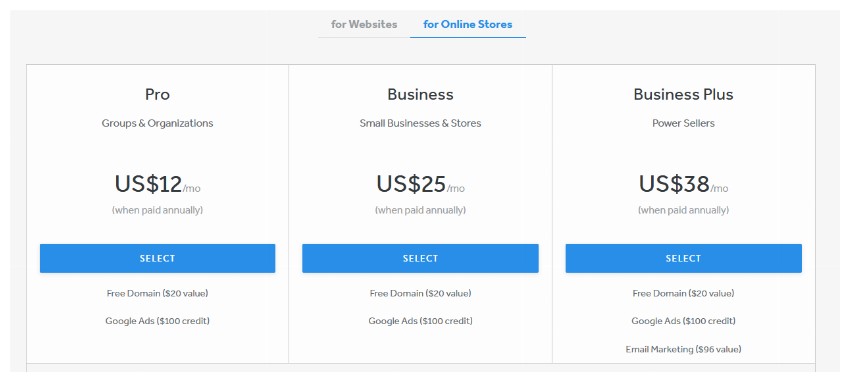 Weebly Pricing Table