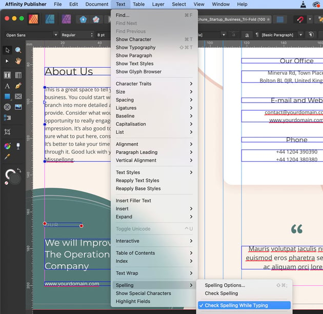 Affinity Publisher spell check while typing