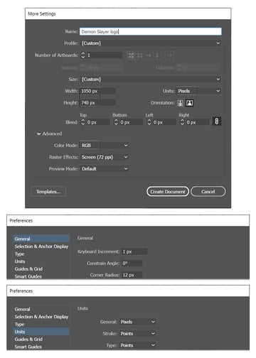 how to open new Illustrator document for Demon slayer logo