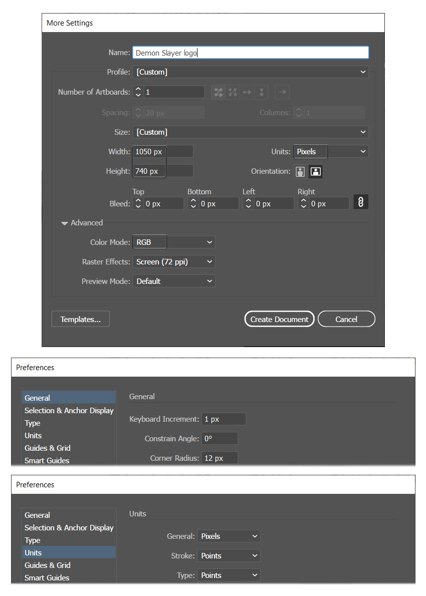 how to open new Illustrator document for Demon slayer logo