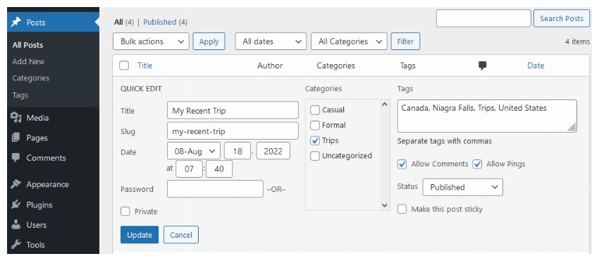 WordPress Quick Edit Menu Options